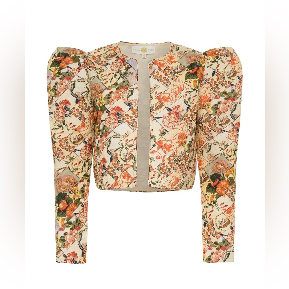 ANNA CATE Cream Floral Patchwork Quilted Puff Sleeve Open Front Cropped Jacket